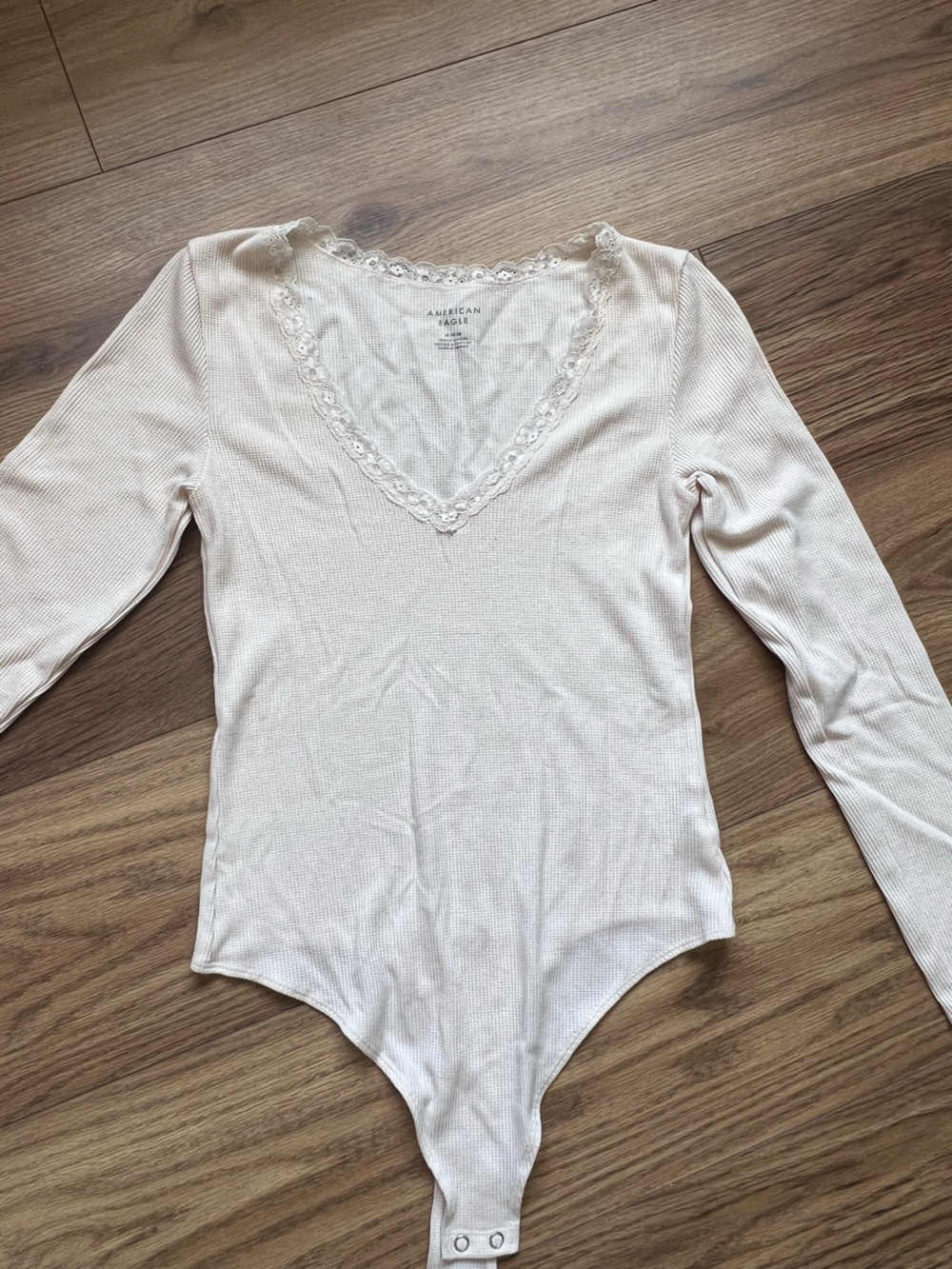 American Eagle White Waffle Knit Lace Trim Long Sleeve Bodysuit Medium M